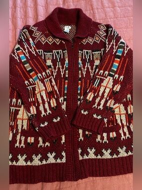 Tasha Polizzi Burgundy Geometric Zip Cardigan with Cream & Blue Accents
